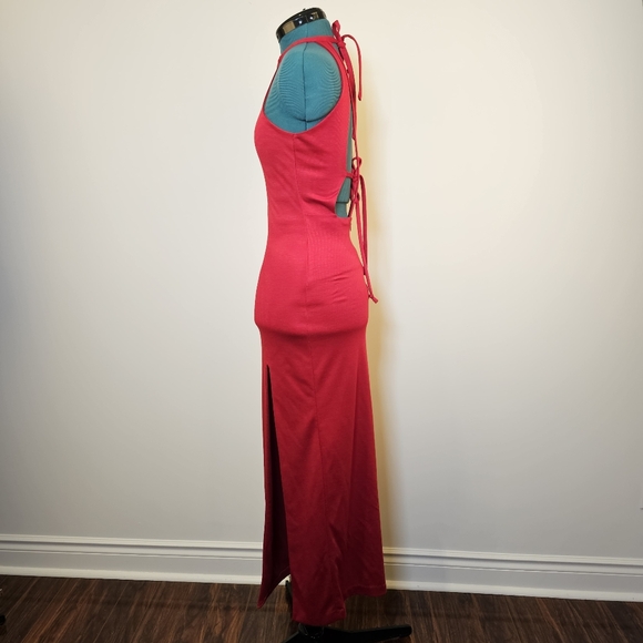 Custom handmade red high slit sleeveless backless knit maxi dress size XS US. - Picture 2 of 5